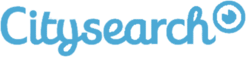 Citysearch logo in light blue lowercase letters, with a stylized magnifying glass forming the 'o' at the end, containing a small cityscape and vet icon inside.