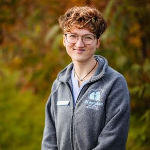 A person with short curly hair and glasses smiles outdoors, wearing a gray zip-up jacket with a "Westside" logo and a vet name badge. The background features blurred greenery.