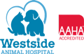 Logo for Westside Animal Hospital featuring a blue silhouette of a cat and dog inside a heart outline, next to a red AAHA Accredited emblem—highlighting trusted vet care from experienced veterinarians.