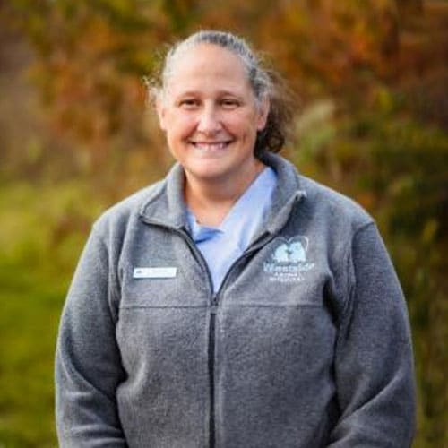 A woman with gray hair pulled back, wearing a gray fleece jacket and light blue shirt, stands outdoors and smiles at the camera—this veterinarian is surrounded by trees and green foliage blurred in the background.
