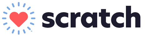 Logo with a red heart surrounded by blue lines, next to the word "scratch" in bold, dark lowercase letters on a light background—perfect for a vet or veterinarian brand.